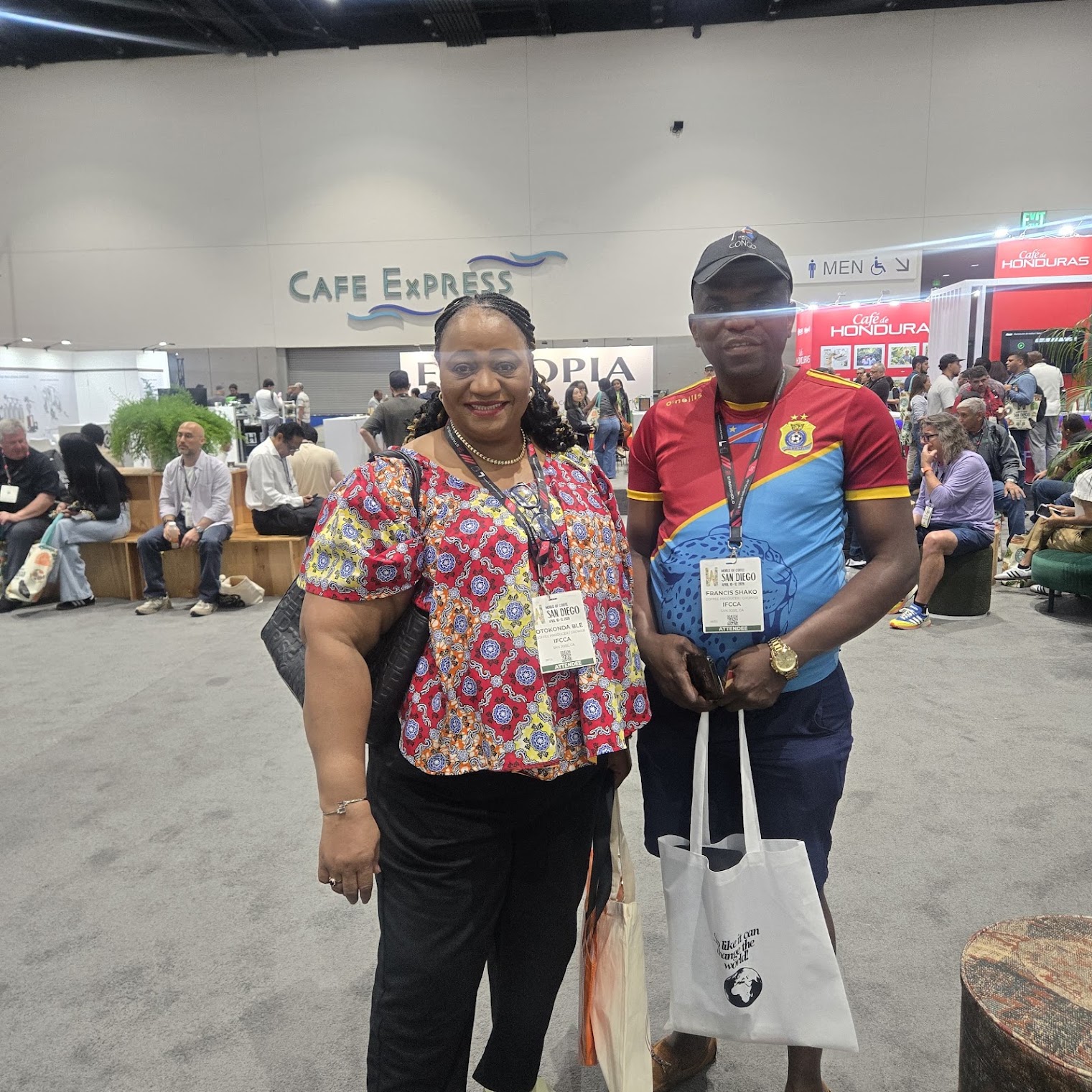 Two attendees at an exhibition hall