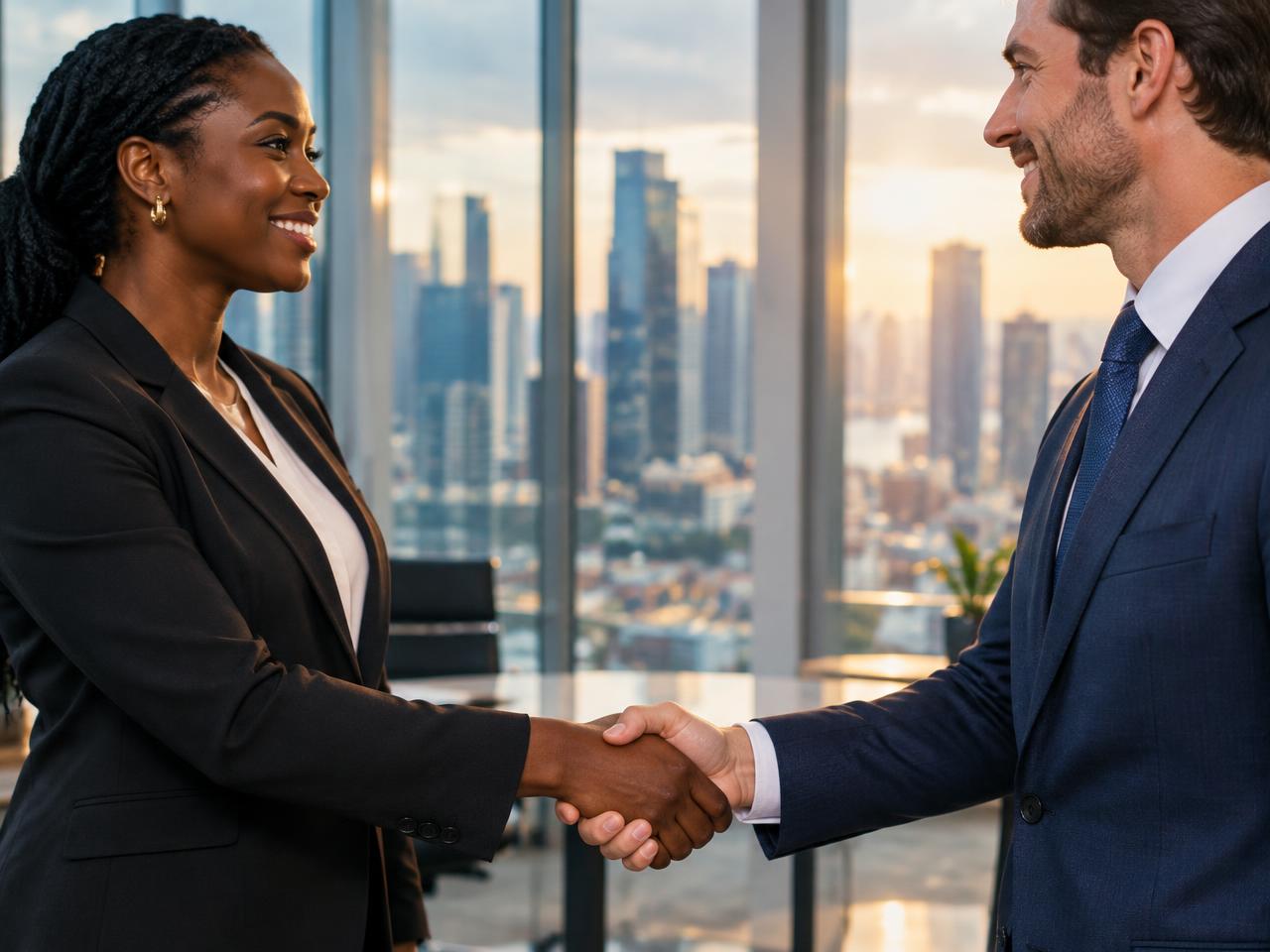 Two executives shaking hands in a modern office