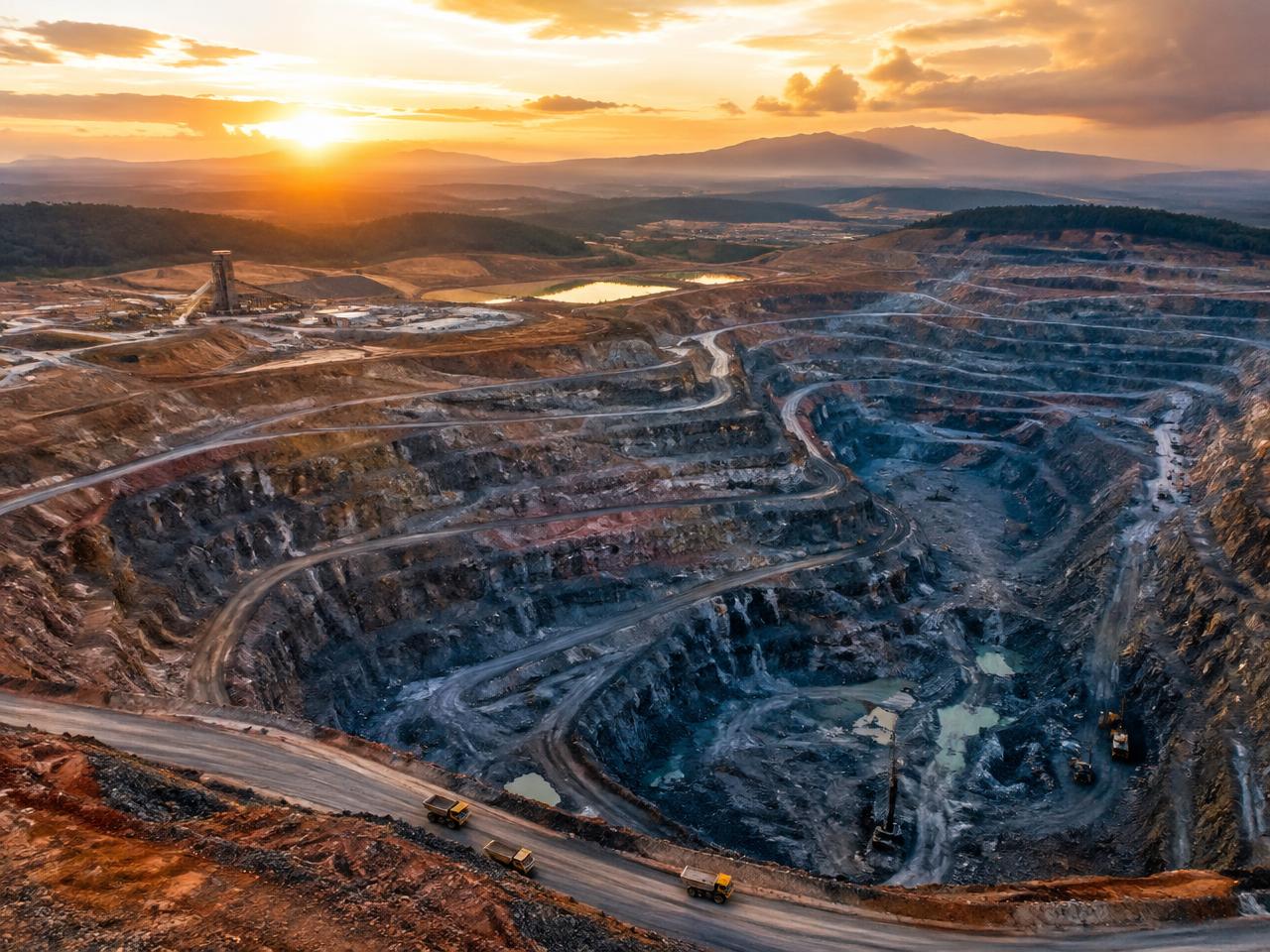 Aerial view of a mine at dawn